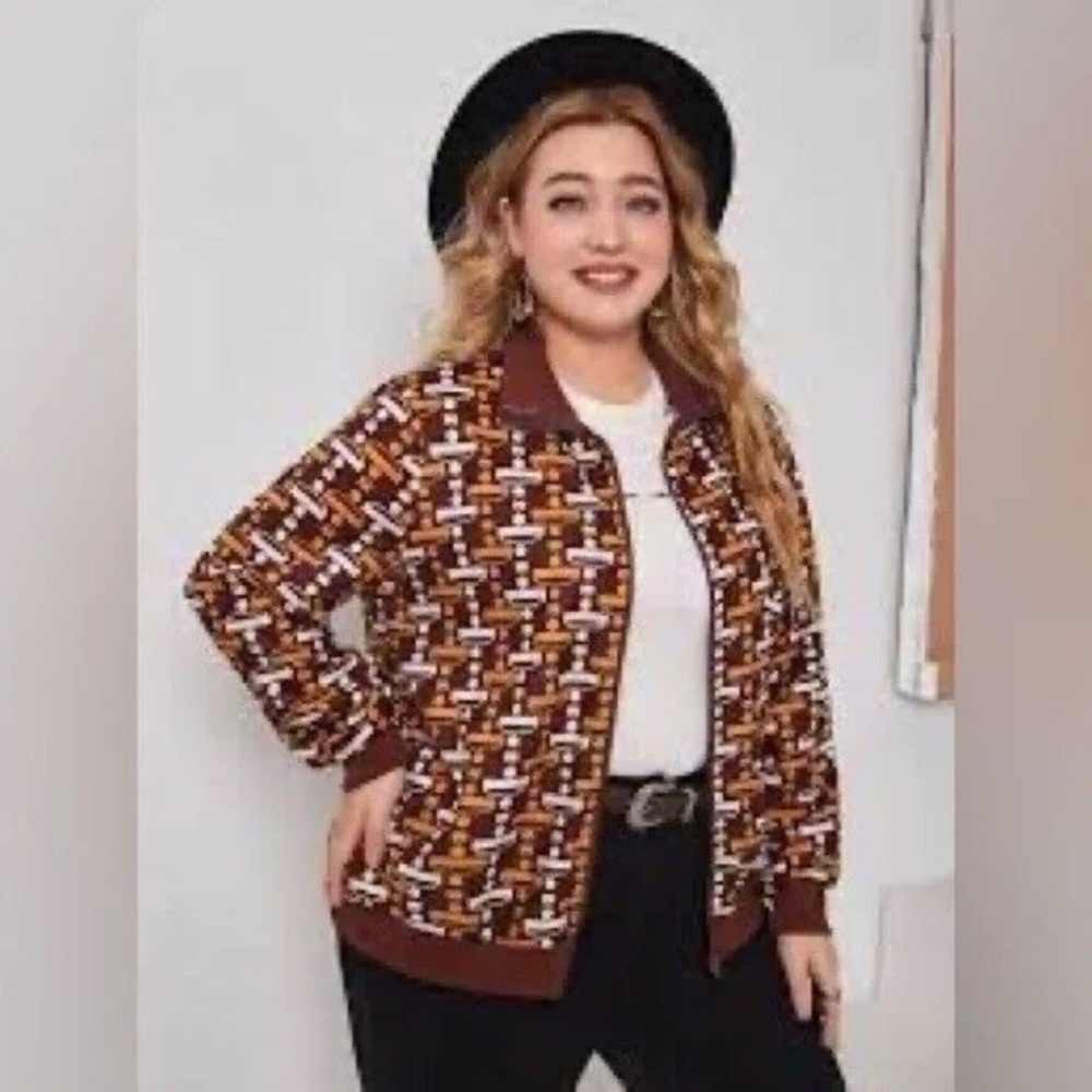 ❄️ Emery Rose | Plus Geo Print Zipper Bomber Jacket Various Sizes Available - Picture 3 of 4